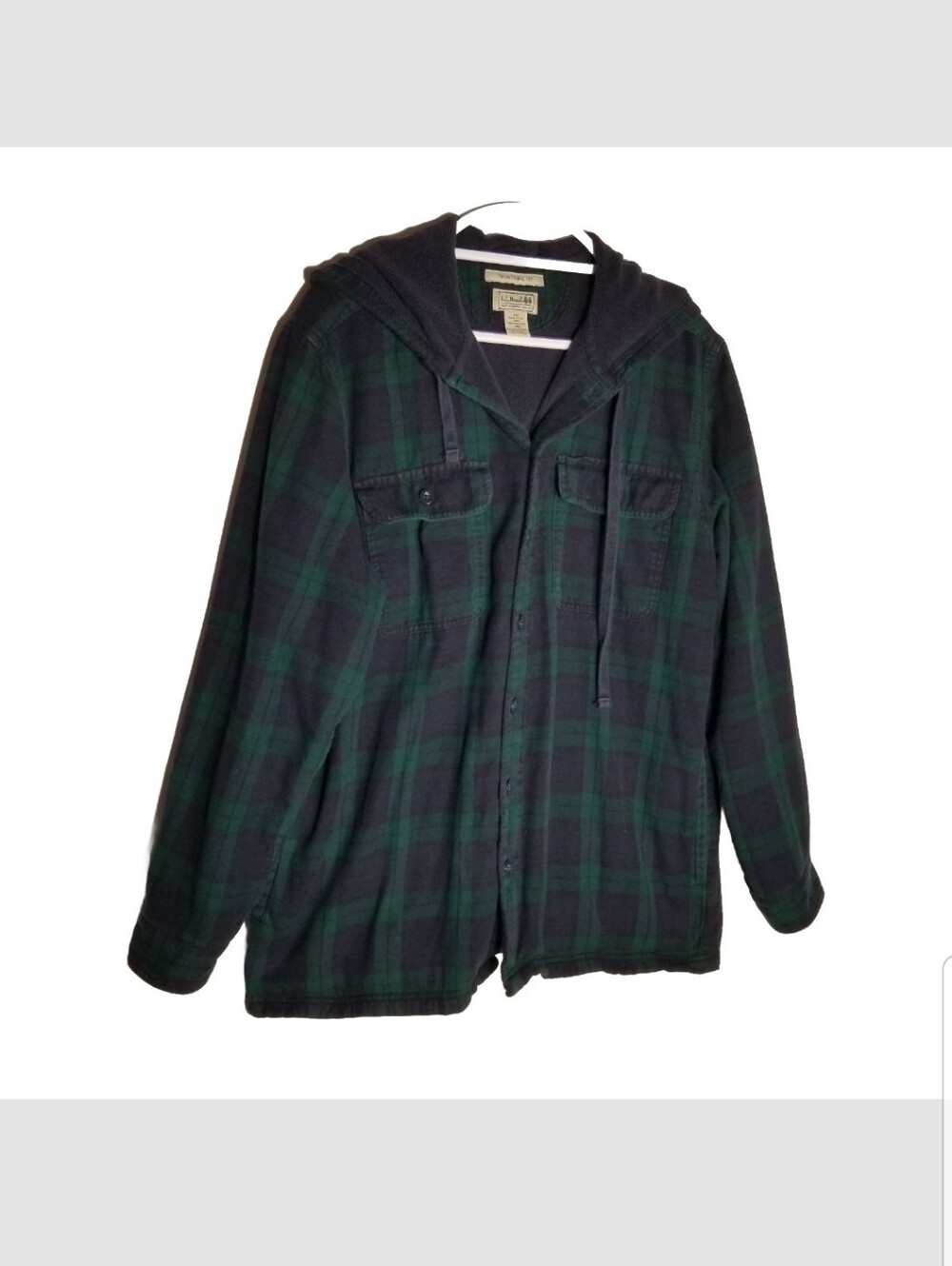 L.L. Bean Flannel Shirt Jacket Hoodie Men’s Large Plaid Cotton Hooded Lined Blue